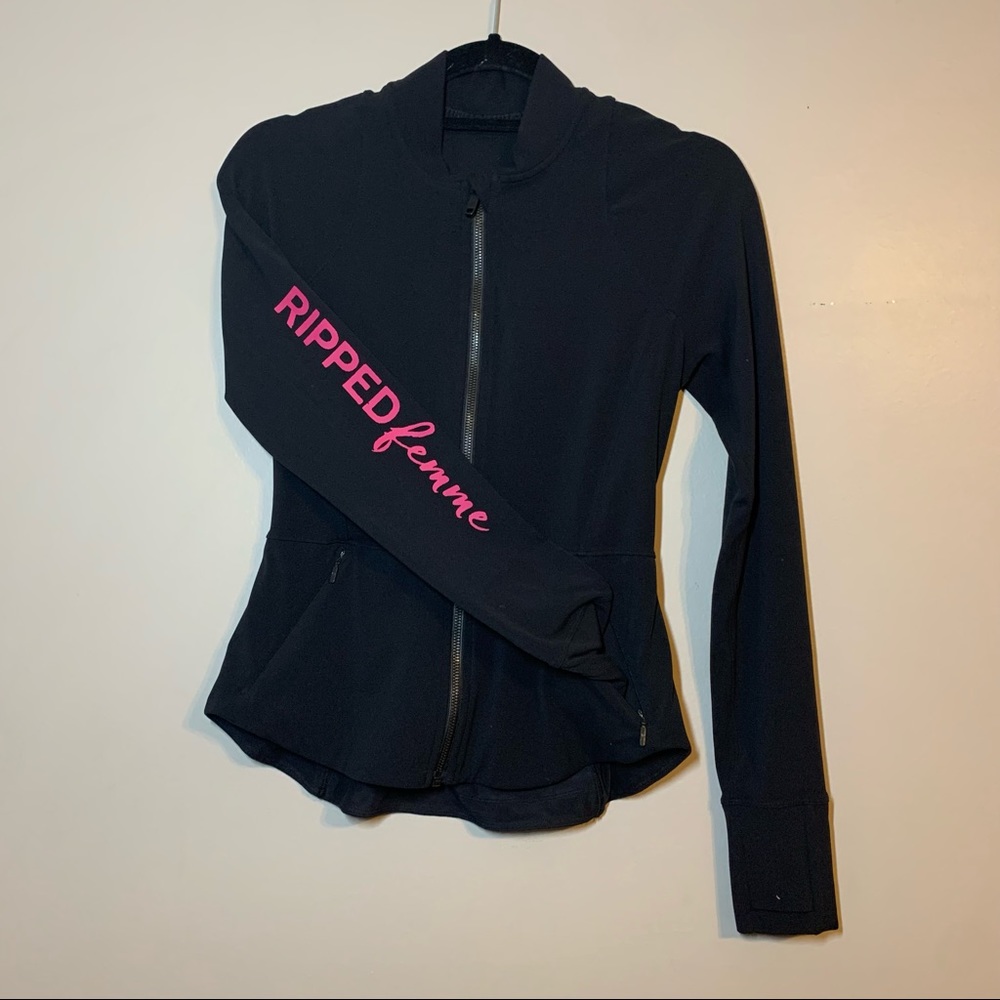 Lululemon black lightweight zip up active sweater w “ Ripped Femme” on sleeve
